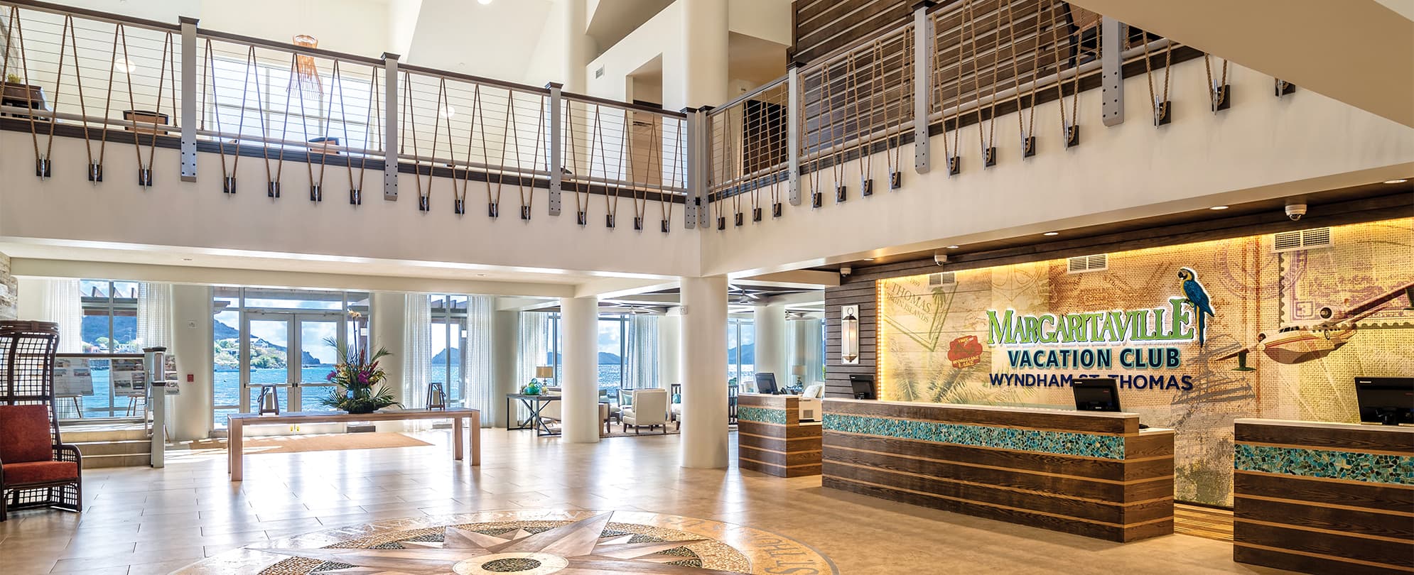 The lobby and check-in counters at Margaritaville Vacation Club by Wyndham - St. Thomas.
