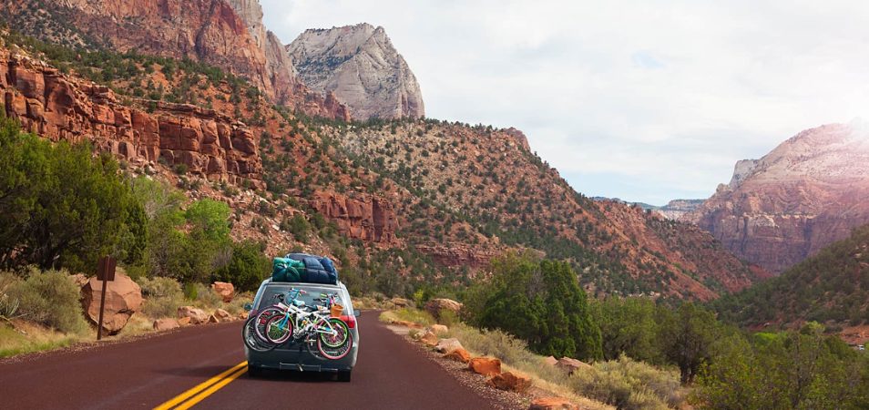 A car with bicycles attached to the back drives through Zion National Park near Las Vegas.